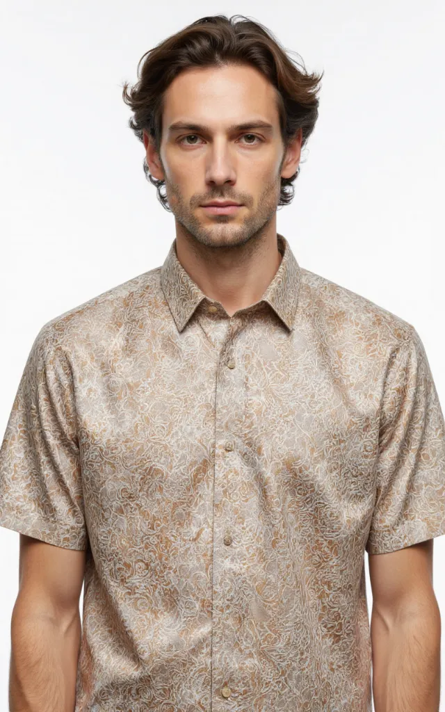 A French model wearing a Brocade pattern   printed shirt, against a white background, in a front   facing bust portrait